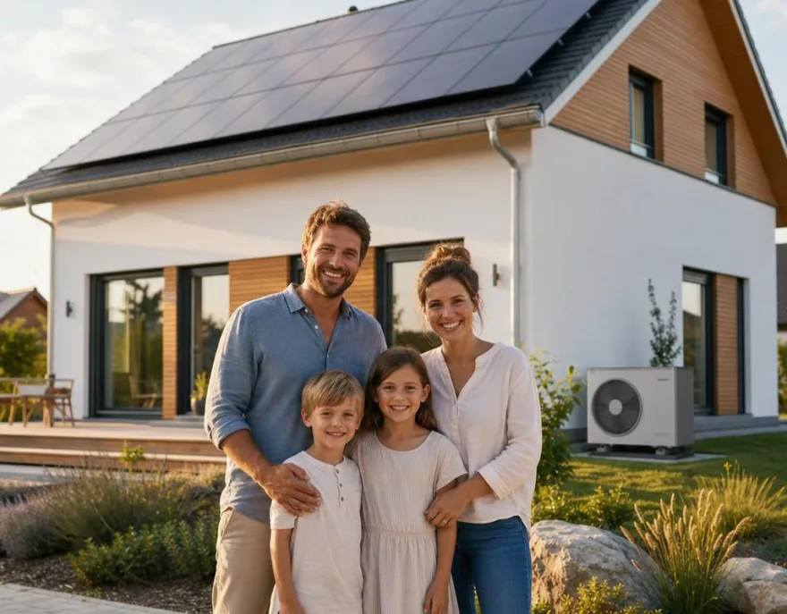 Junge Familie vor ihrem neu gebauten Fertighaus mit Photovoltaik-Anlage und Wärmepumpe – Minergie-Neubau in der Schweiz