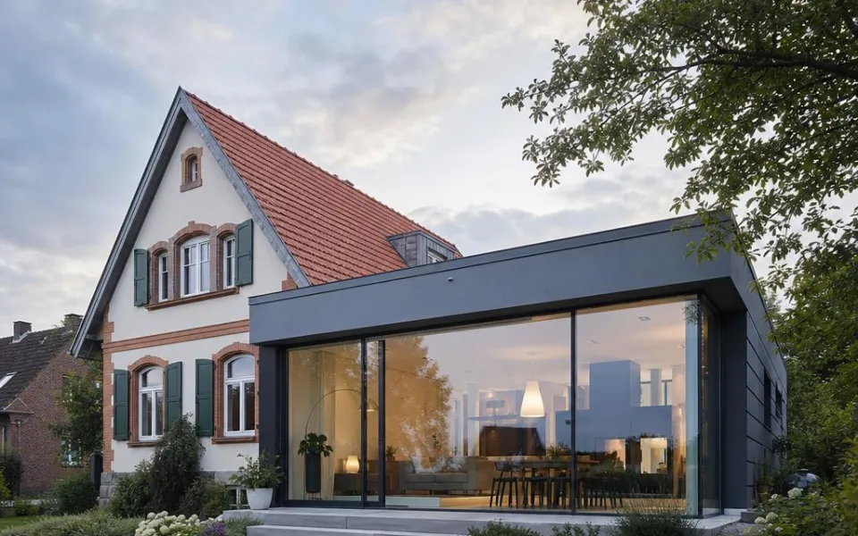 Moderner Flachdach-Anbau mit Glasfront an einem Schweizer Bestandshaus als Modul-Erweiterung
