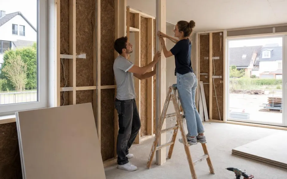 Innenansicht eines Ausbauhauses mit Bauherrschaft beim Ausbau in Eigenleistung zur Kostensenkung
