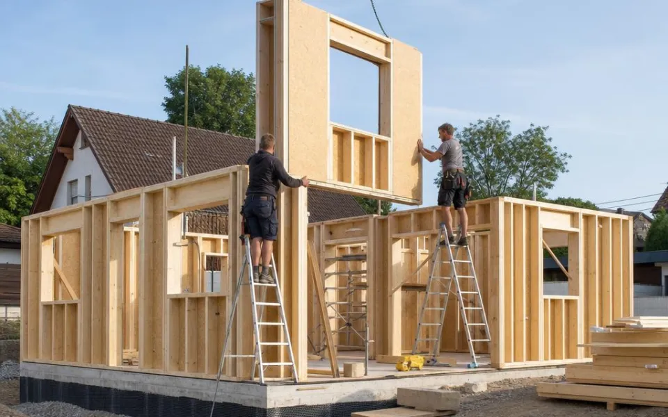 Bausatzhaus im Selbstaufbau: Wandelemente werden montiert als preiswerter Weg zum Eigenheim