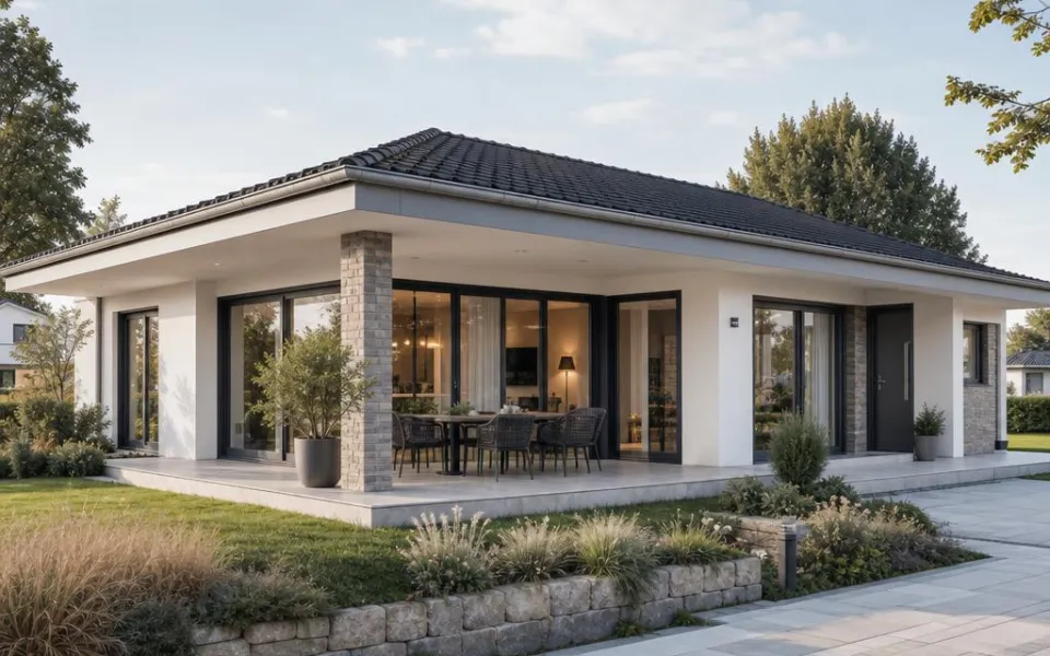 Ebenerdiger Bungalow mit gedeckter Terrasse und bodentiefen Fenstern für hindernisfreies Wohnen