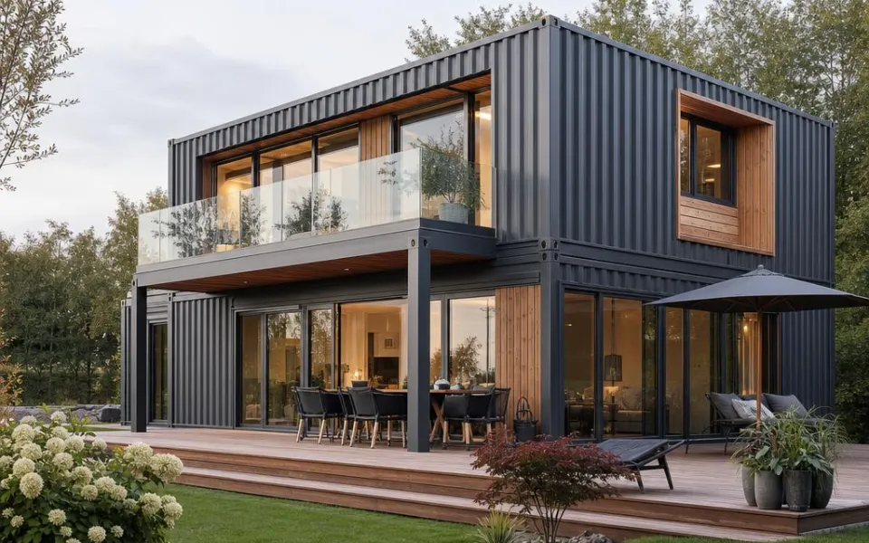 Containerhaus mit anthrazitfarbener Metallfassade, Holzdeck und Glasschiebetüren in der Schweiz
