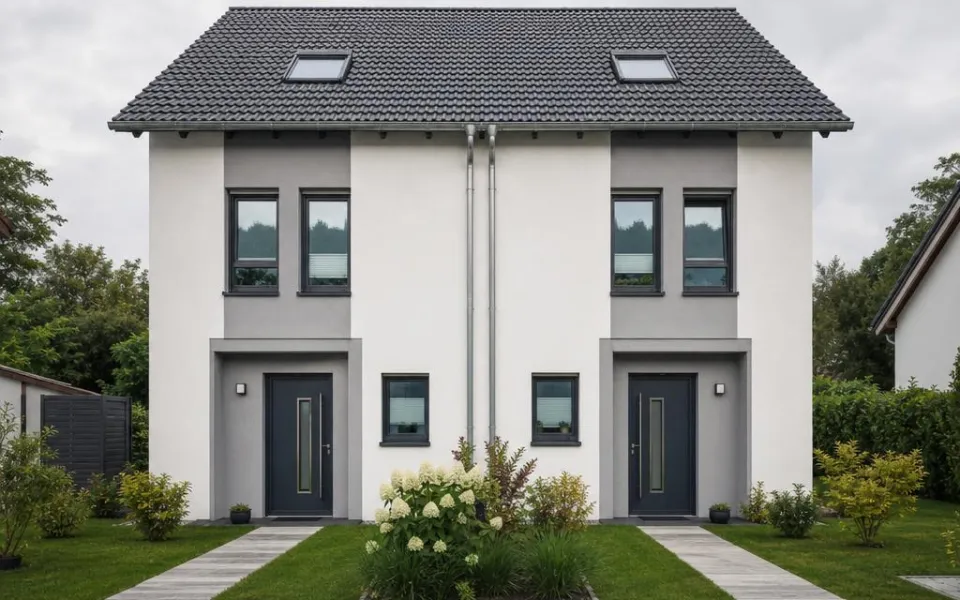 Doppelhaus in Fertigbauweise mit zwei gespiegelten Wohneinheiten in der Deutschschweiz