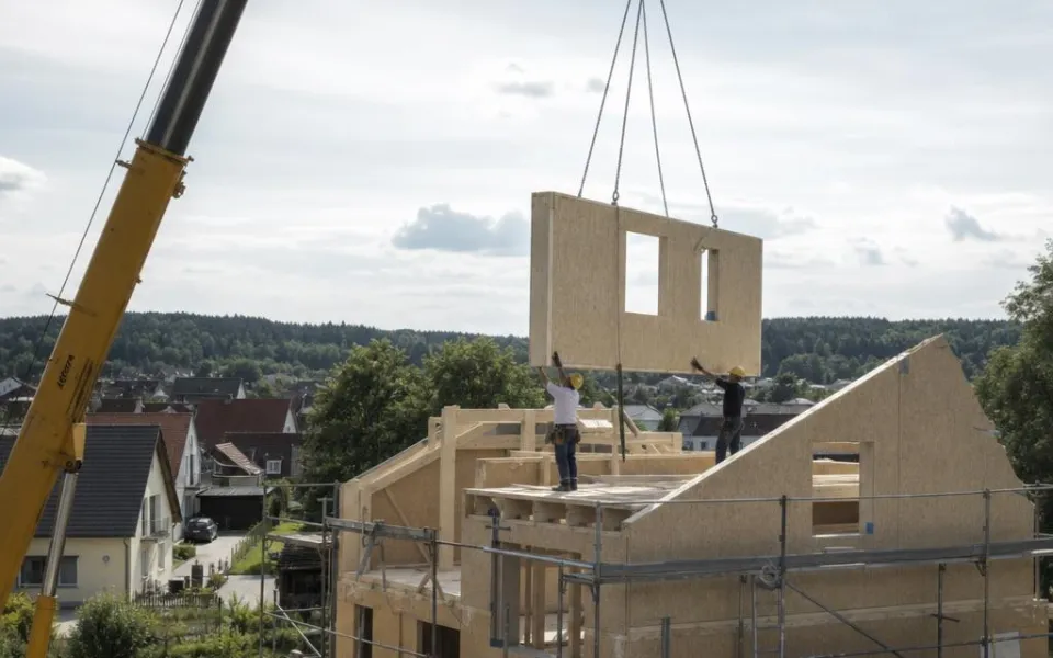 Fertighaus-Montage: Kran hebt ein vorgefertigtes Wandelement auf die Baustelle in der Schweiz