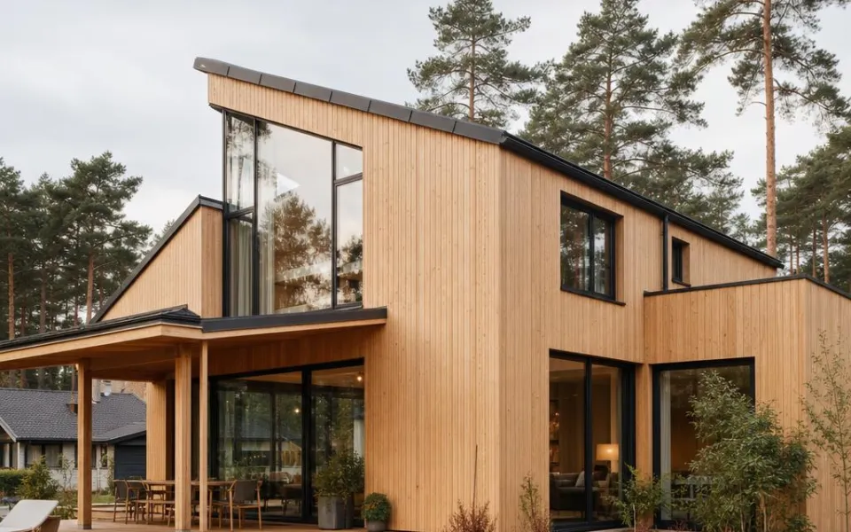 Holzhaus mit naturheller Holzfassade in alpiner Umgebung als nachhaltiger Fertighaus-Neubau