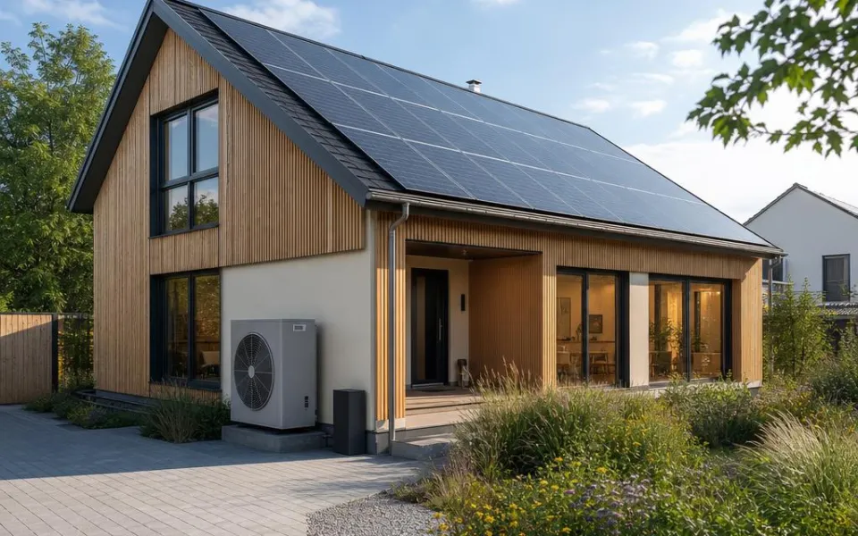 Minergie-Haus mit vollflächigem Photovoltaikdach und Wärmepumpe für maximale Energieeffizienz