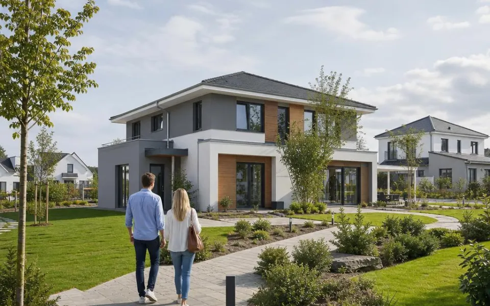 Paar auf dem Weg durch eine Musterhaus-Ausstellung zu einem modernen Schweizer Ausstellungshaus