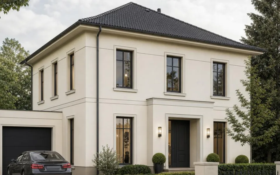 Stadtvilla mit Walmdach und zwei Vollgeschossen als Fertighaus in einer Schweizer Agglomeration