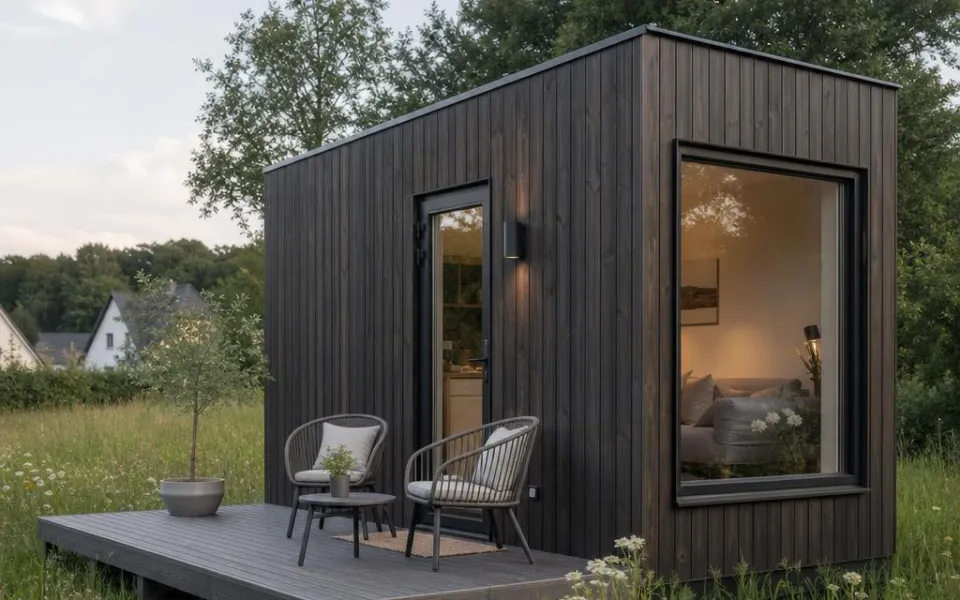 Tiny House mit dunkler Holzfassade und kleiner Terrasse als kompaktes Minihaus in der Schweiz