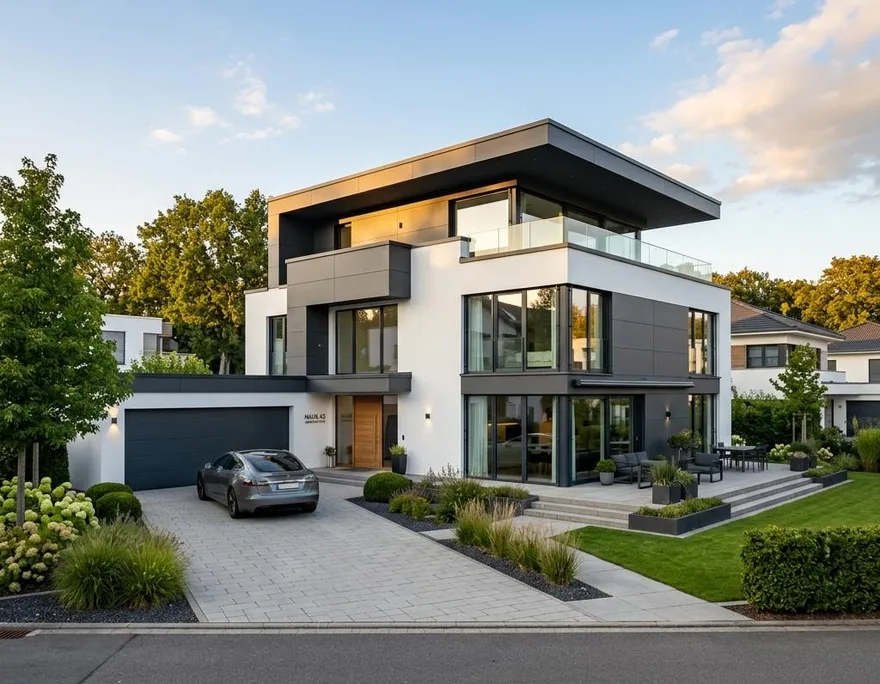 Modernes Fertighaus mit klarer Architektur als Beispiel für einen Neubau in der Schweiz