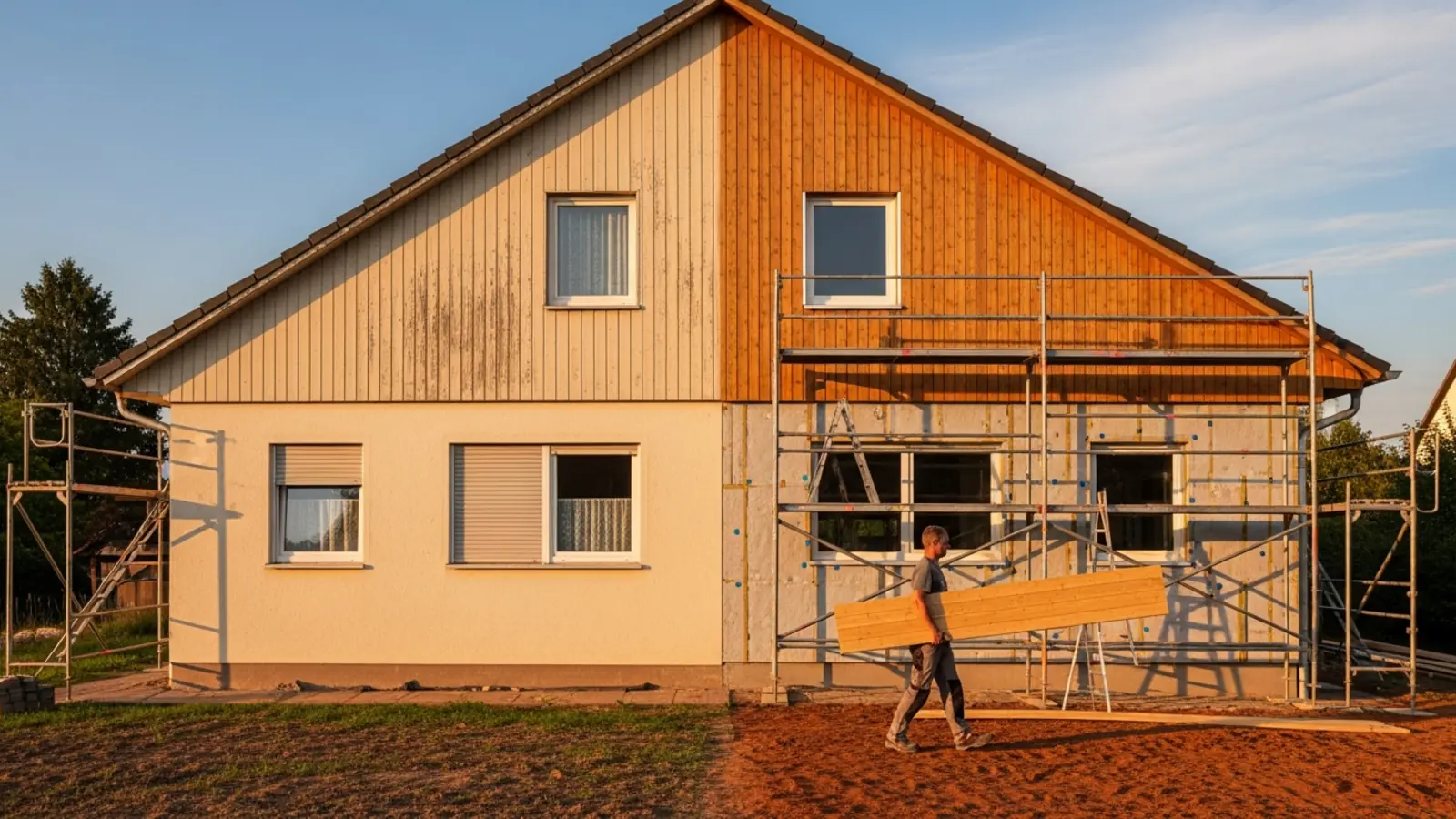 Bestehendes Fertighaus mit neuer Fassadendämmung während der energetischen Sanierung