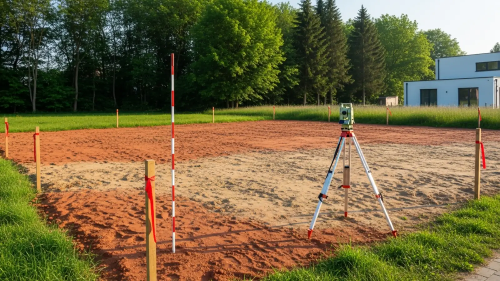 Erschlossene Bauparzelle mit Vermessungspunkten als Ausgangspunkt für die Gesamtkosten eines Fertighauses