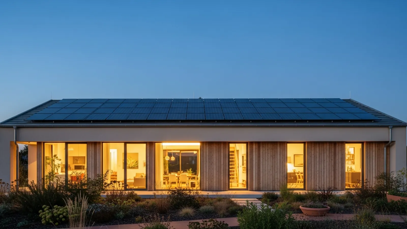 Fertighaus-Dach mit Photovoltaikmodulen und Batteriespeicher unter Schweizer Alpenpanorama