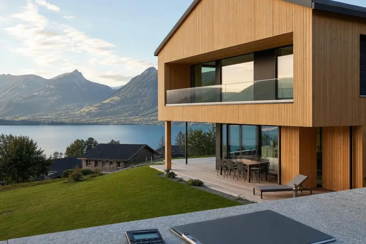 Finanzierung Hausbau Schweiz Finanzierung für Hausbau in der Schweiz mit Einfamilienhaus und Alpenpanorama