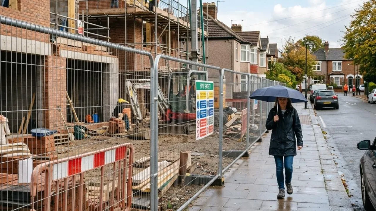 Die Bauherrenhaftpflicht schützt, wenn Passanten an der Baustelle zu Schaden kommen: Bauzaun einer Baustelle direkt am Trottoir.