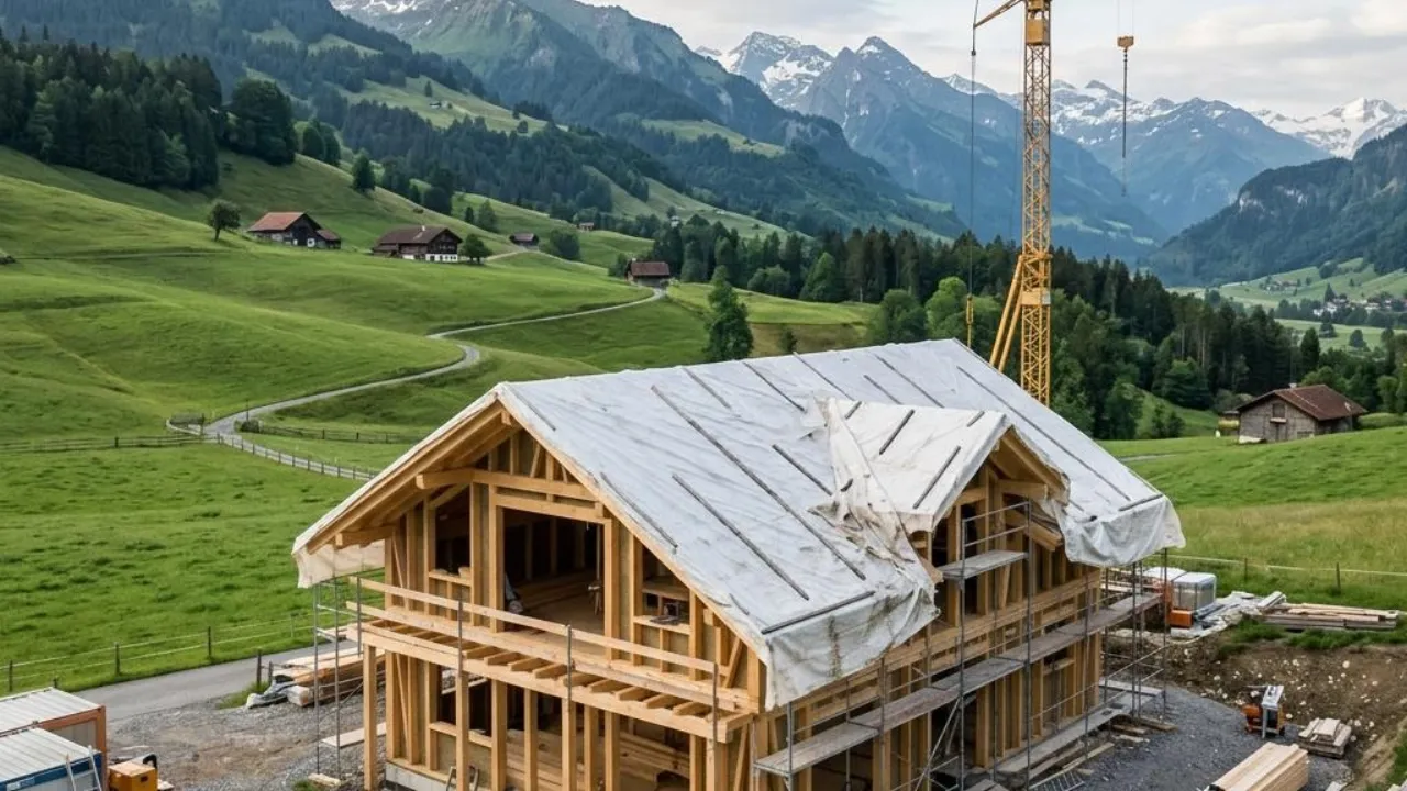 Bauversicherungen in der Schweiz betreffen vor allem die Bauphase: ein Rohbau in Holzbauweise steht unter einer schützenden Blache.