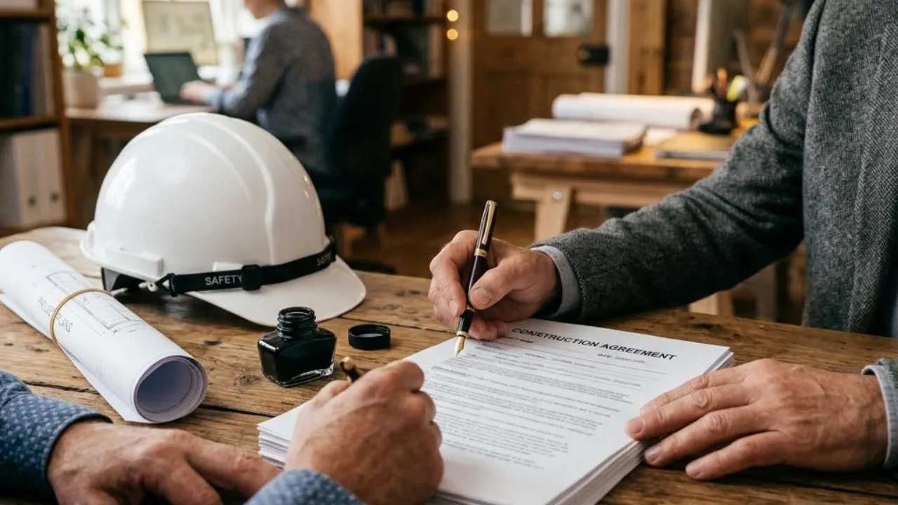 Unterschrift unter den Werkvertrag nach SIA-Norm 118: Hände mit Füllfederhalter über Bauvertragsunterlagen, daneben Helm und Baupläne.