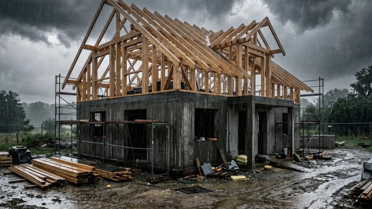 Die Bauwesenversicherung deckt Unwetterschäden am Rohbau: dunkle Gewitterwolken über einer offenen Baustelle.