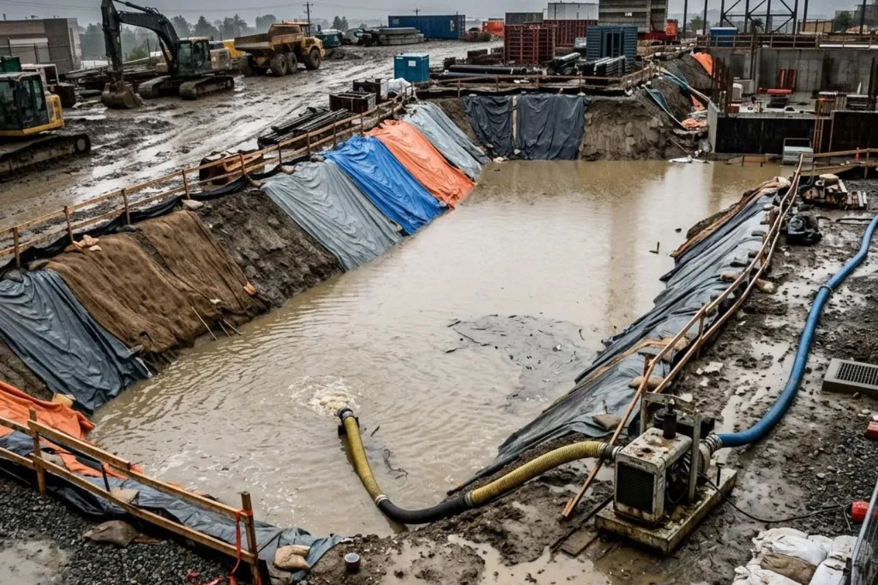 Typischer Schadenfall der Bauwesenversicherung: eine nach Starkregen mit Wasser gefüllte Baugrube wird leergepumpt.