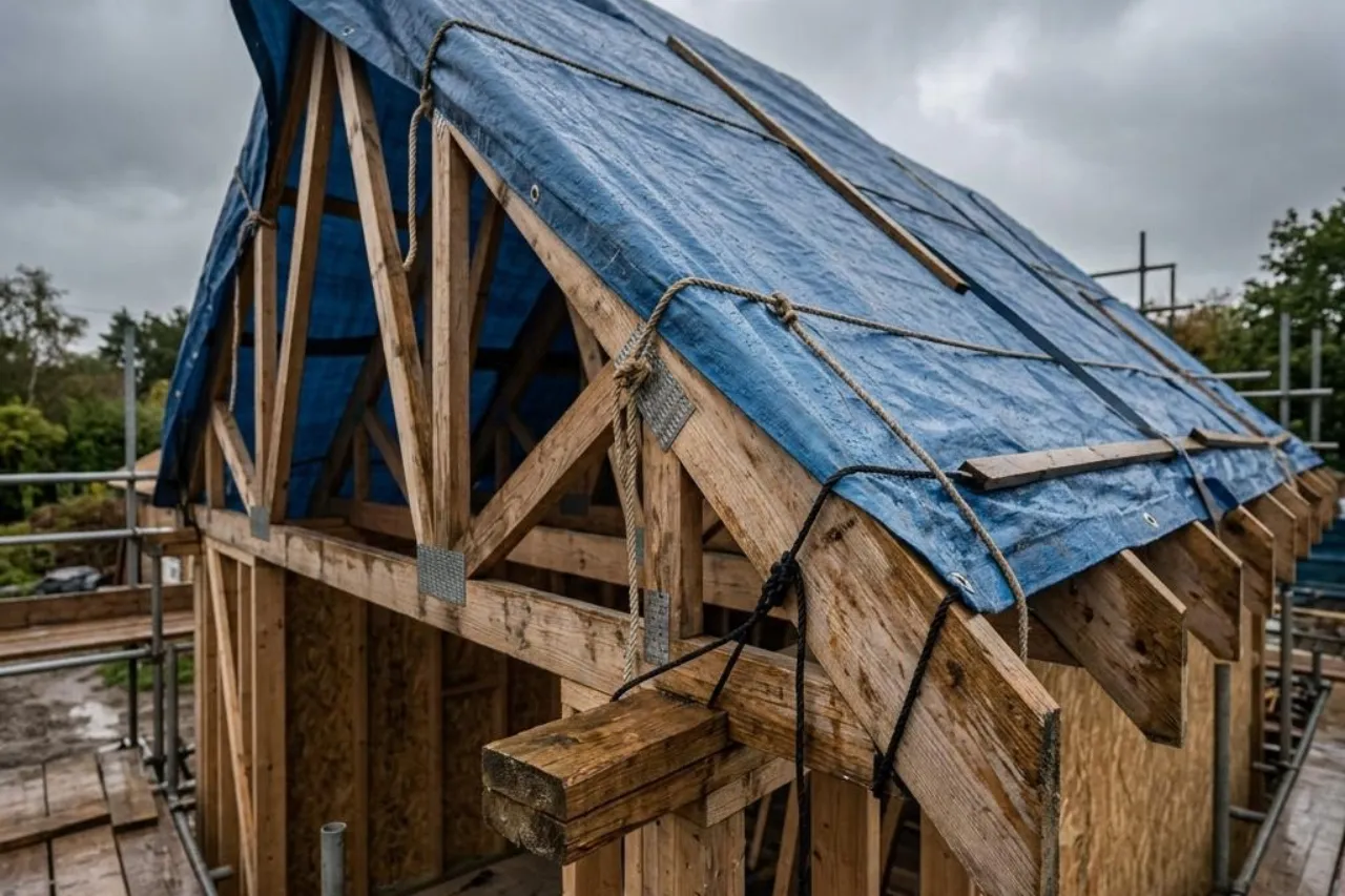 Elementarschutz während der Bauzeit: Dachstuhl eines Neubaus unter einer Wetterschutz-Blache.
