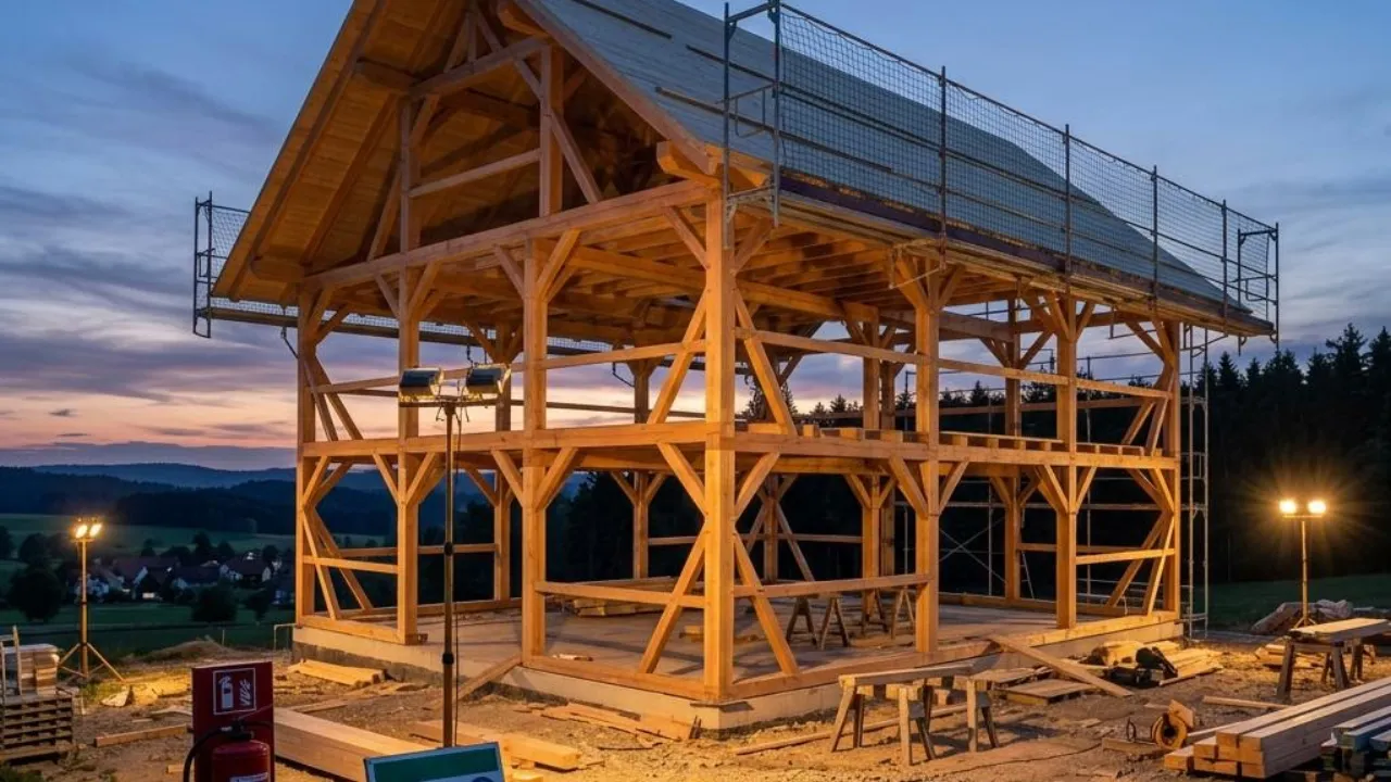 Die Bauzeitversicherung deckt das Brandrisiko am Rohbau: Holzbau in der Dämmerung mit Feuerlöscher und Baustellenbeleuchtung.