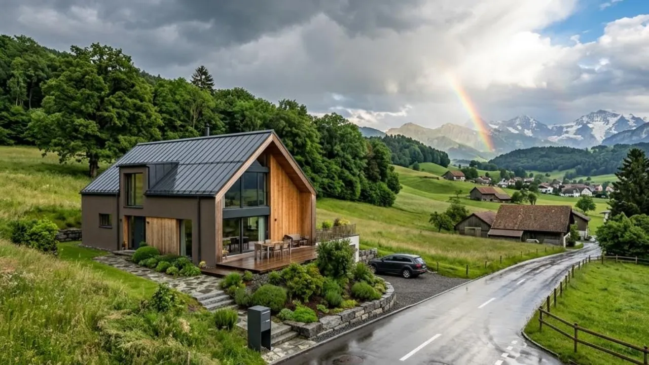 Die Gebäudeversicherung schützt das fertige Einfamilienhaus gegen Feuer- und Elementarschäden – Wohnhaus nach einem abziehenden Unwetter.